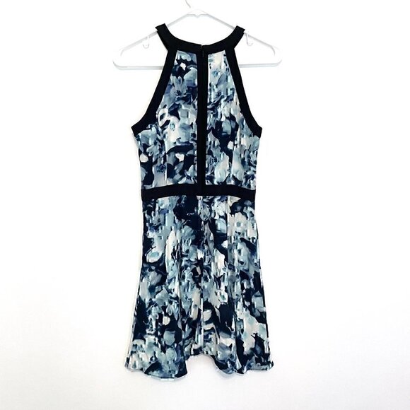PARKER Nika Keyhole Dress Blue Floral Black Trim Sleeveless SILK Mini Fit Flare - Picture 8 of 12